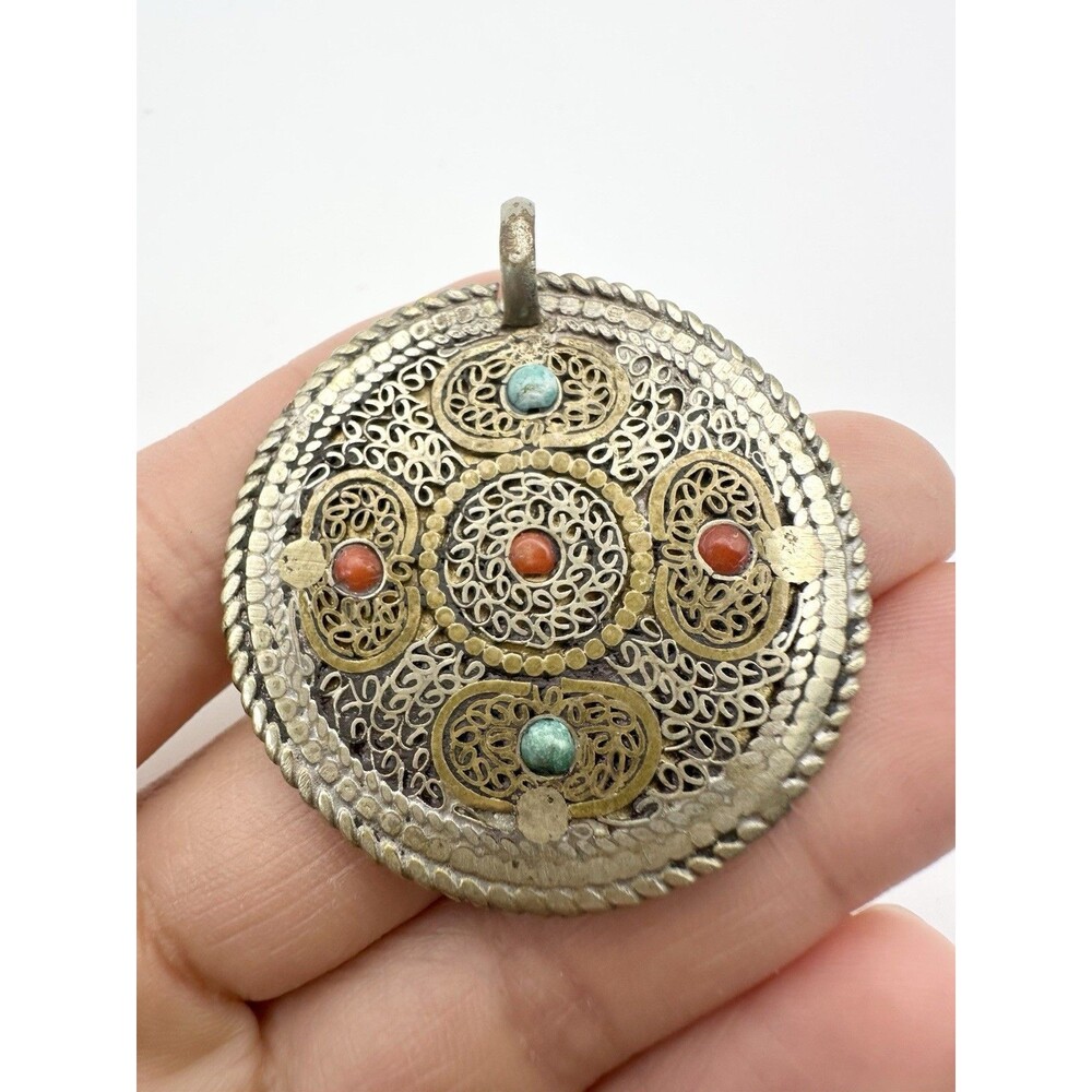 Vtg Tibetan Nepal Coral Turquoise Brass Filigree Double-sided Pendant Amulet